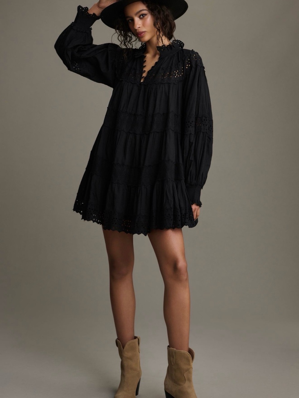 Maeve Black Eyelet Tiered Mini Dress